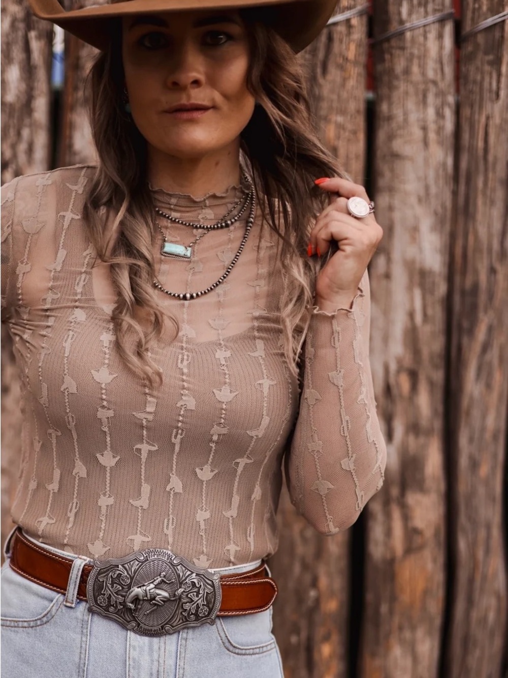 Western Cowboy IBurnout Mesh Mock Neck Top Y2K Coastal Cowgirl Rodeo Festival